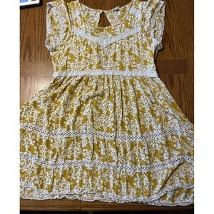 Bohemian Artsy Peasant Mustard‎ Gold Lace Mini Dress Womens Large Pol